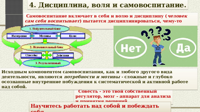 4. Дисциплина, воля и самовоспитание.  Самовоспитание включает в себя и волю и дисциплину ( человек сам себя воспитывает ) пытается дисциплинироваться, чему-то научиться.  Исходным компонентом самовоспитания, как и любого другого вида деятельности, являются  потребности и мотивы -  сложные и глубоко осознанные внутренние побуждения к систематической и активной работе над собой.  Совесть - это твой собственный регулятор, мозг - аппарат для анализа и принятия решений.  Научитесь работать над собой и побеждать себя. 