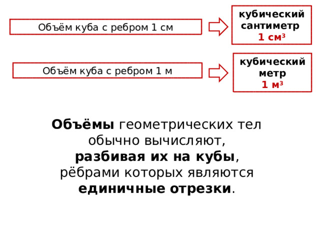 кубический сантиметр  1 см 3 Объём куба с ребром 1 см кубический метр 1 м 3 Объём куба с ребром 1 м Объёмы геометрических тел обычно вычисляют, разбивая их на кубы , рёбрами которых являются единичные  отрезки . 