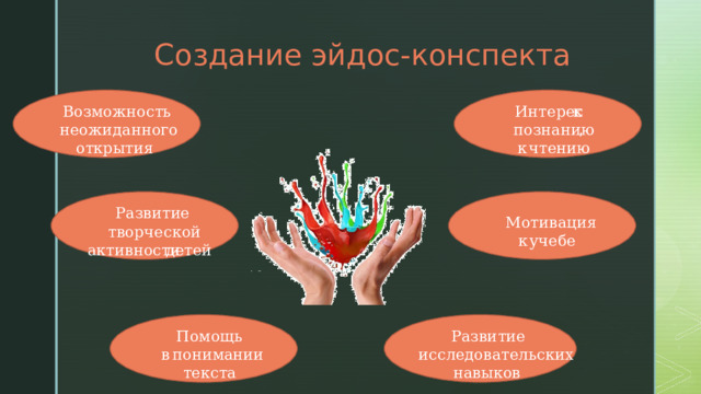   Создание  эйдос - конспекта  Интерес к Возможность неожиданного познанию , открытия к чтению Развитие Мотивация творческой к учебе активности детей Помощь Развитие в понимании исследовательских текста навыков 