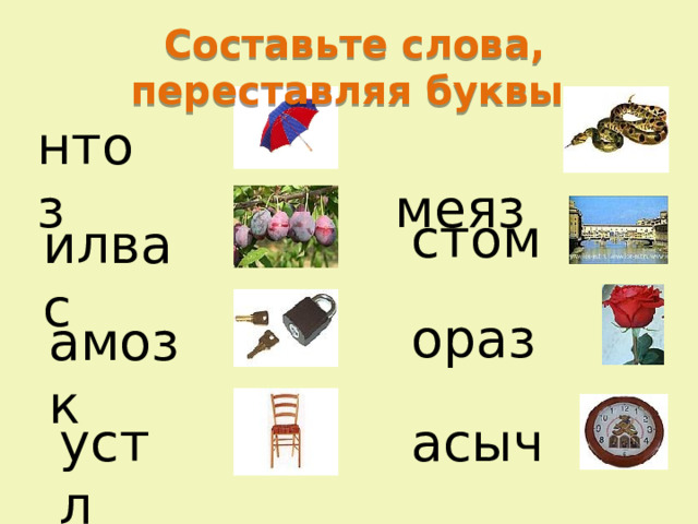 Составьте слова, переставляя буквы. нтоз   меяз    стом илвас ораз амозк   асыч устл 