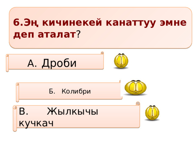 6.Эң кичинекей канаттуу эмне деп аталат ? А.  Дроби   Б. Колибри В. Жылкычы кучкач    