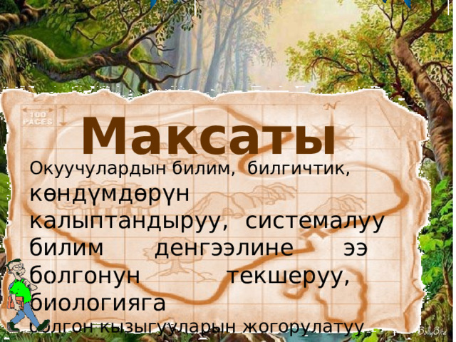 Максаты Окуучулардын билим, билгичтик, к ѳндүмдѳрүн калыптандыруу, системалуу билим денгээлине ээ болгонун текшеруу, биологияга болгон кызыгууларын жогорулатуу 3 