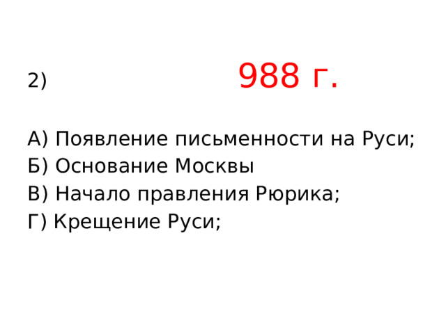 2) 988 г. А) Появление письменности на Руси; Б) Основание Москвы В) Начало правления Рюрика; Г) Крещение Руси; 