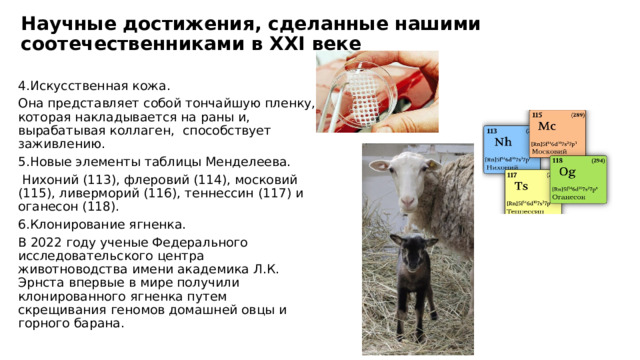Научные достижения, сделанные нашими соотечественниками в XXI веке 4.Искусственная кожа. Она представляет собой тончайшую пленку, которая накладывается на раны и, вырабатывая коллаген, способствует заживлению. 5.Новые элементы таблицы Менделеева.  Нихоний (113), флеровий (114), московий (115), ливерморий (116), теннессин (117) и оганесон (118). 6.Клонирование ягненка. В 2022 году ученые Федерального исследовательского центра животноводства имени академика Л.К. Эрнста впервые в мире получили клонированного ягненка путем скрещивания геномов домашней овцы и горного барана. 