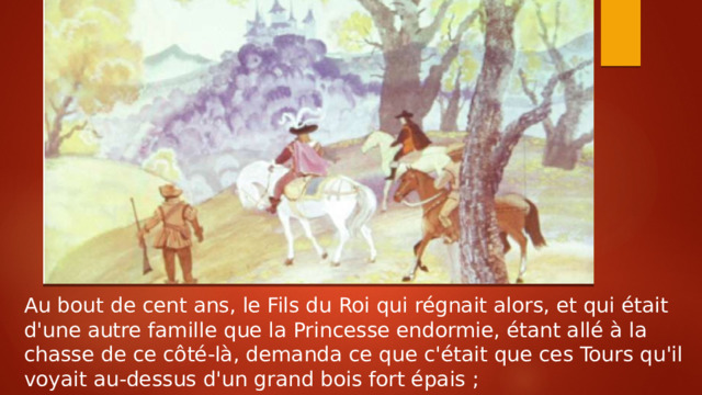Au bout de cent ans, le Fils du Roi qui régnait alors, et qui était d'une autre famille que la Princesse endormie, étant allé à la chasse de ce côté-là, demanda ce que c'était que ces Tours qu'il voyait au-dessus d'un grand bois fort épais ; 