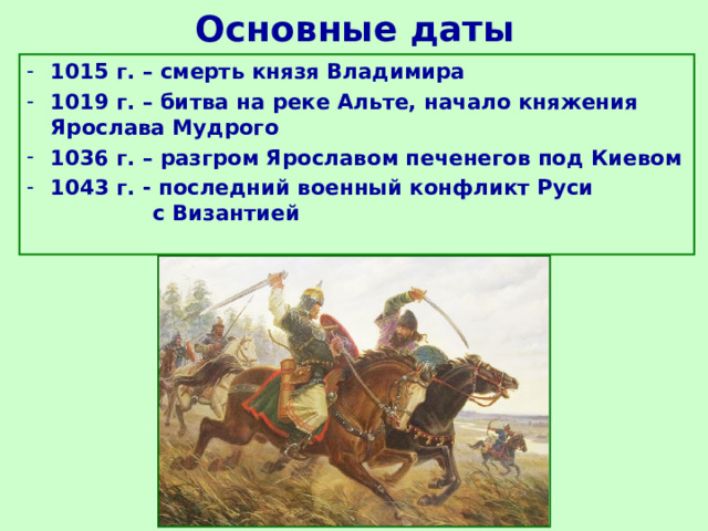 Основные даты 1015 г. – смерть князя Владимира 1019 г. – битва на реке Альте, начало княжения Ярослава Мудрого 1036 г. – разгром Ярославом печенегов под Киевом 1043 г. - последний военный конфликт Руси с Византией 
