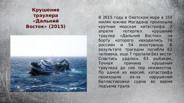 Крушение траулера «Дальний Восток» (2015) В 2015 году в Охотском море в 150 милях южнее Магадана произошла крупная морская катастрофа. 2 апреля потерпел крушение траулер «Дальний Восток», на борту которого находились 78 россиян и 54 иностранца. В результате трагедии погибли 62 человека, еще 7 пропали без вести. Спастись удалось 63 рыбакам. Точная причина крушения траулера до сих пор неизвестна. По одной из версий, катастрофа произошла из-за нарушений балластировки судна во время подъема трала . 