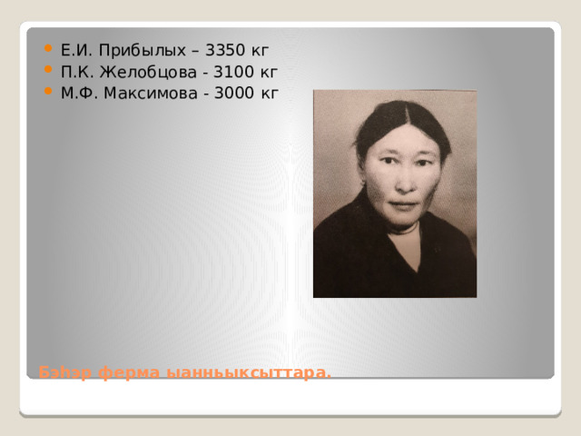 Е.И. Прибылых – 3350 кг П.К. Желобцова - 3100 кг М.Ф. Максимова - 3000 кг Бэһэр ферма ыанньыксыттара. 