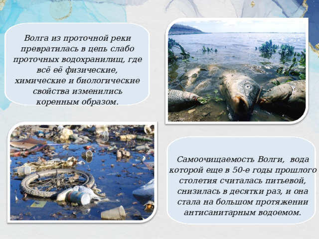 Волга из проточной реки превратилась в цепь слабо проточных водохранилищ, где всё её физические, химические и биологические свойства изменились коренным образом. Самоочищаемость Волги, вода которой еще в 50-е годы прошлого столетия считалась питьевой, снизилась в десятки раз, и она стала на большом протяжении антисанитарным водоемом. 