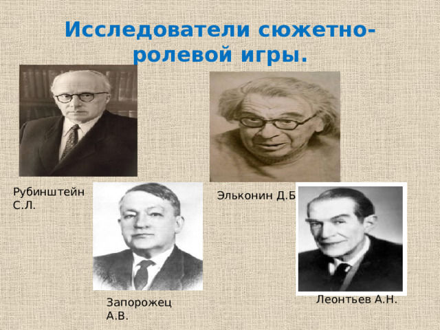 Исследователи сюжетно-ролевой игры. Рубинштейн С.Л. Эльконин Д.Б. Леонтьев А.Н. Запорожец А.В. 