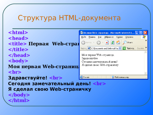 Структура HTML- документа     Первая Web- страница     Моя первая Web -страница  Здравствуйте!  Сегодня замечательный день!  Я сделал свою Web-страничку   