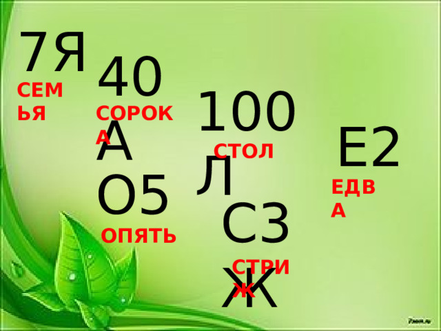 7Я 40А 100Л СЕМЬЯ  СОРОКА  Е2 СТОЛ  О5 ЕДВА  С3Ж ОПЯТЬ  СТРИЖ  