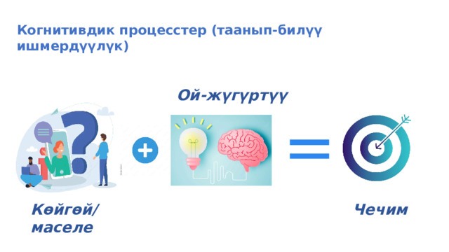 Когнитивдик процесстер (таанып-билүү ишмердүүлүк)  Ой-жүгүртүү Көйгөй/маселе  Чечим 
