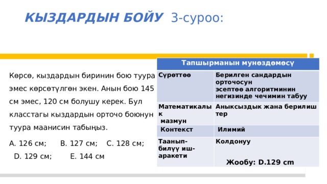 КЫЗДАРДЫН БОЙУ  2-суроо Тапшырманын мунөздөмөсү​ ​ Сүрөттөө ​ Кыздардын боюнун орточосу түшүнүгүнүн интерпретациясы. Математикалык   мазмун​ Аныксыздык жана берилиштер​   Контекст​   Илимий​ Когнитивдик процесс Интерпретациялоо Жообу: баары жалган  