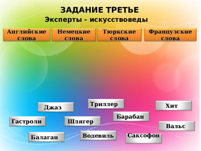 ЗАДАНИЕ ТРЕТЬЕ Эксперты - искусствоведы Немецкие слова Тюркские слова Французские слова Английские слова Триллер Хит Джаз Барабан Шлягер Гастроли Вальс Водевиль Балаган Саксофон 