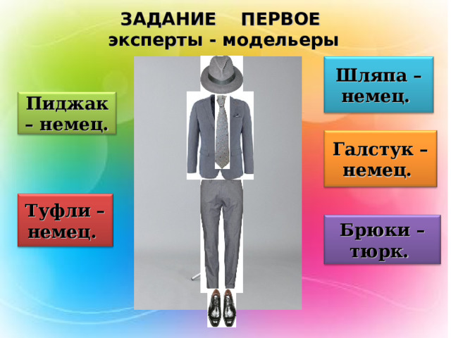 ЗАДАНИЕ ПЕРВОЕ  эксперты - модельеры Шляпа – немец. Пиджак – немец. Галстук – немец. Туфли – немец. Брюки – тюрк. 
