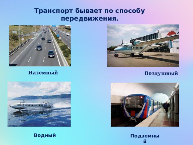 Транспорт бывает по способу передвижения.  Воздушный  Наземный         Водный Подземный 