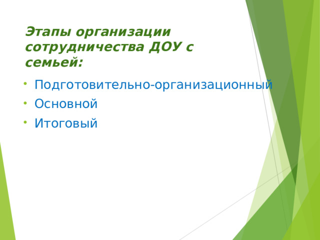 Этапы организации сотрудничества ДОУ с семьей: Подготовительно-организационный Основной Итоговый 