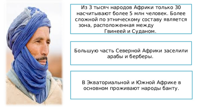 Из 3 тысяч народов Африки только 30 насчитывают более 5 млн человек. Более сложной по этническому составу является зона, расположенная между Гвинеей и Суданом. Большую часть Северной Африки заселили арабы и берберы. В Экваториальной и Южной Африке в основном проживают народы банту. 