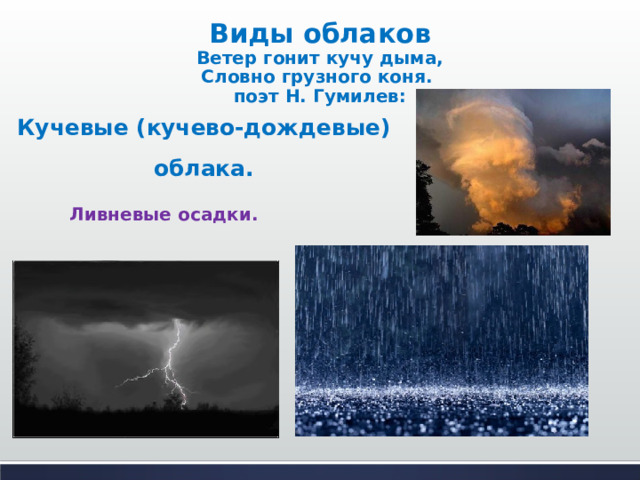 Виды облаков  Ветер гонит кучу дыма,  Словно грузного коня.  поэт Н. Гумилев: Кучевые (кучево-дождевые) облака.  Ливневые осадки. 