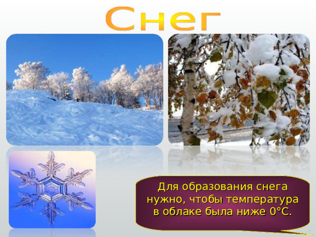 Для образования снега нужно, чтобы температура в облаке была ниже 0 ° С. 