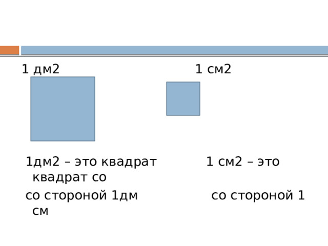 1 дм2 1 см2  1дм2 – это квадрат 1 см2 – это квадрат со  со стороной 1дм со стороной 1 см 