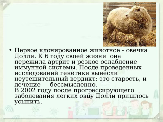 Первое клонированное животное - овечка Долли. К 6 году своей жизни она пережила артрит и резкое ослабление иммунной системы. После проведенных исследований генетики вынесли неутешительный вердикт: это старость, и лечение бессмысленно.  В 2002 году после прогрессирующего заболевания легких овцу Долли пришлось усыпить.  