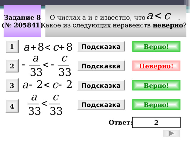 О числах a и с известно, что  . Какое из следующих неравенств неверно ?  Задание 8 (№ 205841) 1 Верно! Подсказка 2 Неверно! Подсказка 3 Верно! Подсказка Верно! 4 Подсказка Ответ: 2 