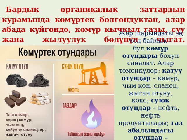  Бардык органикалык заттардын курамында көмүртек болгондуктан, алар абада күйгөндө, көмүр кычкыл газы, суу жана жылуулук бөлүнүп чыгат.   Жер шарындагы эң чоң байлык – бул  көмүр отундары  болуп саналат. Алар төмөнкүлөр:  катуу отундар  – көмүр, чым көң, сланец, жыгач отуну, кокс;  суюк отундар  – нефть, нефть продуктылары;  газ абалындагы отундар  – жаратылыш жана жолбун газдар. 