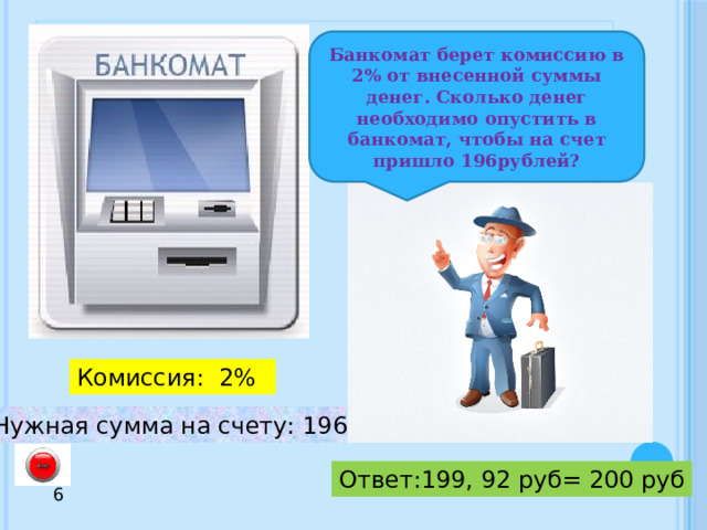 Банкомат берет комиссию в 2% от внесенной суммы денег. Сколько денег необходимо опустить в банкомат, чтобы на счет пришло 196рублей? Комиссия: 2% Нужная сумма на счету: 196 рублей Ответ:199, 92 руб= 200 руб 6 