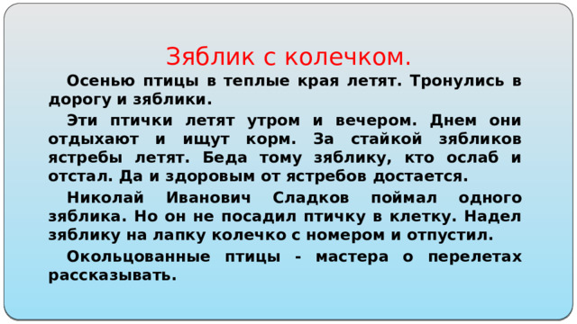 Зяблик с колечком. Осенью птицы в теплые края летят. Тронулись в дорогу и зяблики. Эти птички летят утром и вечером. Днем они отдыхают и ищут корм. За стайкой зябликов ястребы летят. Беда тому зяблику, кто ослаб и отстал. Да и здоровым от ястребов достается. Николай Иванович Сладков поймал одного зяблика. Но он не посадил птичку в клетку. Надел зяблику на лапку колечко с номером и отпустил. Окольцованные птицы - мастера о перелетах рассказывать.  