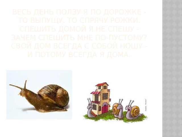 Весь день ползу я по дорожке -  То выпущу, то спрячу рожки.  Спешить домой я не спешу -  Зачем спешить мне по-пустому?  Свой дом всегда с собой ношу -  И потому всегда я дома. 