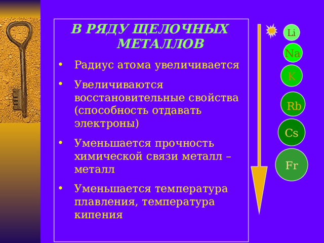 В РЯДУ ЩЕЛОЧНЫХ МЕТАЛЛОВ Радиус атома увеличивается Увеличиваются восстановительные свойства (способность отдавать электроны) Уменьшается прочность химической связи металл – металл Уменьшается температура плавления, температура кипения Li Na K Rb Cs Fr 