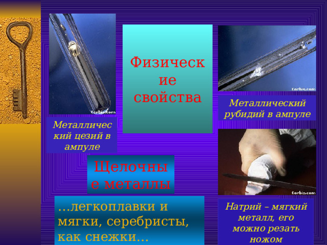 Физические свойства Металлический рубидий в ампуле Металлический цезий в ампуле Щелочные металлы … легкоплавки и мягки, серебристы, как снежки… Натрий – мягкий металл, его можно резать ножом 
