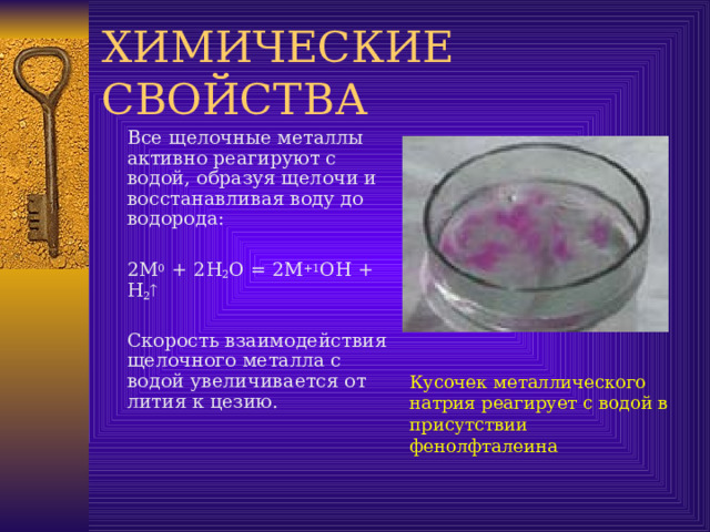  Все щелочные металлы активно реагируют с водой, образуя щелочи и восстанавливая воду до водорода:  2М 0 + 2Н 2 О = 2М +1 ОН + Н 2   Скорость взаимодействия щелочного металла с водой увеличивается от лития к цезию. Кусочек  металлического натрия реагирует с водой в присутствии фенолфталеина 