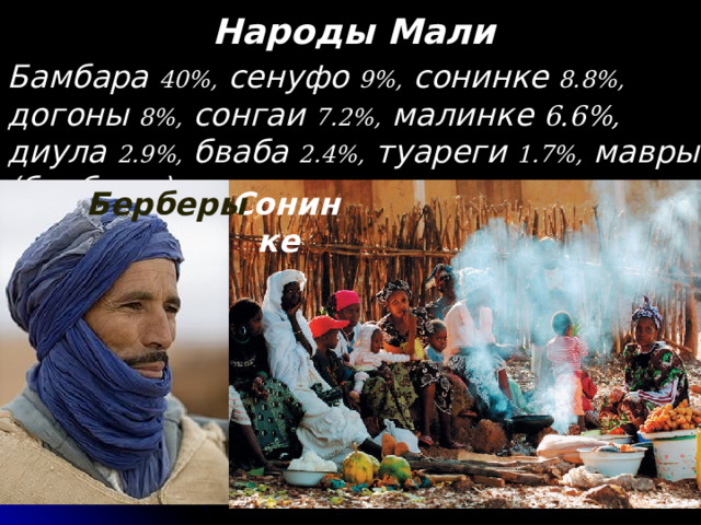 Народы Мали Бамбара 40%, сенуфо 9%, сонинке 8.8%, догоны 8%, сонгаи 7.2%, малинке 6.6%, диула 2.9%, бваба 2.4%, туареги 1.7%, мавры (берберы) 1.2%  Сонинке Берберы  