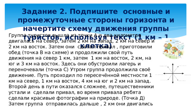 Задание 2. Подпишите основные и промежуточные стороны горизонта и начертите схему движения группы туристов, используя текст (1 км – 1 клетка)   Группа туристов вышла из точки А и два километра двигалась на север, затем 2 км на запад, 2 км на север и 2 км на восток. Затем они сделал привал , приготовили обед (точка В на схеме) и продолжили свой путь движения на север 1 км, затем 1 км на восток, 2 км, на юг и 3 км на восток. Здесь они обустроили лагерь и переночевали (точка С) Утром группа продолжила своё движение. Путь проходил по пересечённой местности 1 км на север, 1 км на восток, 4 км на юг и 2 км на запад. Второй день в пути оказался сложнее, путешественники устали и сделали привал, во время привала ребята сделали красивые фотографии на природе. (Точка Д) Затем группа отправилась дальше , 2 км они двигались на север, 1 км на запад, 2 км на юг, 2 км на запад …. Группа вернулась домой. Посмотрите, какая интересная схема маршрута получилась у штурмана группы. 