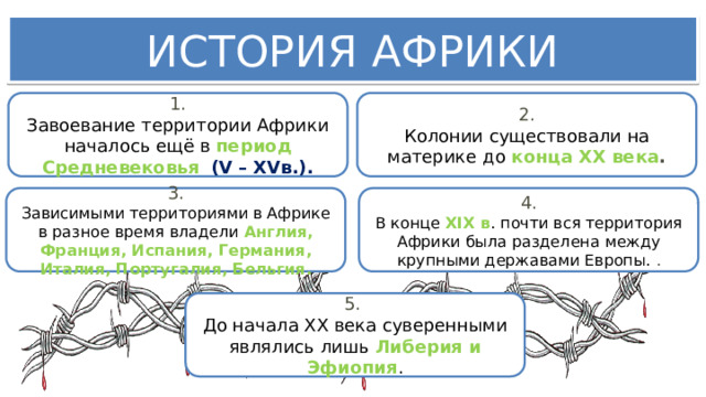 ИСТОРИЯ АФРИКИ 1. 2. Завоевание территории Африки началось ещё в период Средневековья  (V – XVв.). Колонии существовали на материке до конца XX века . 3. 4. Зависимыми территориями в Африке в разное время владели Англия, Франция, Испания, Германия, Италия, Португалия, Бельгия . В конце  XIX в . почти вся территория Африки была разделена между крупными державами Европы.  . 5.  До начала XX века суверенными являлись лишь Либерия и Эфиопия . 