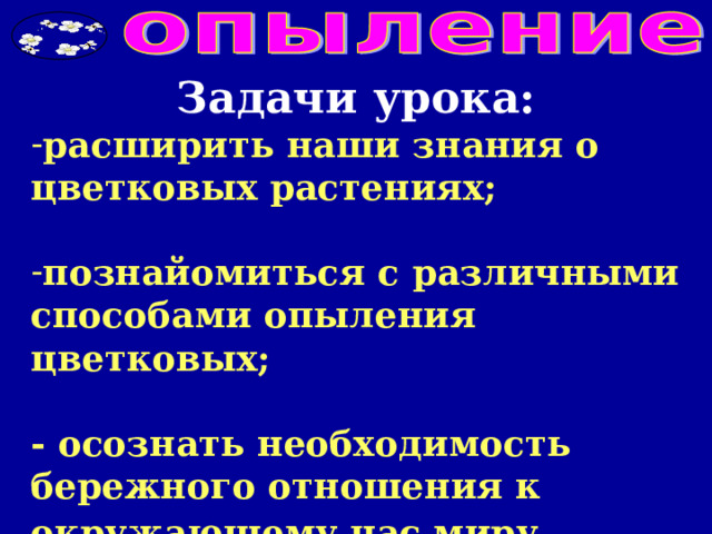 Задачи урока: расширить наши знания о цветковых растениях;  познайомиться с различными способами опыления цветковых;  - осознать необходимость бережного отношения к окружающему нас миру.  