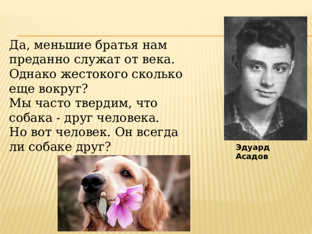 Да, меньшие братья нам преданно служат от века. Однако жестокого сколько еще вокруг? Мы часто твердим, что собака - друг человека. Но вот человек. Он всегда ли собаке друг? Эдуард Асадов 