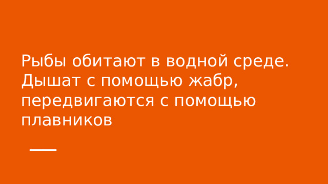 Рыбы обитают в водной среде. Дышат с помощью жабр, передвигаются с помощью плавников 