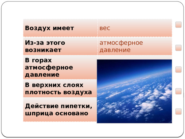 Мы узнали, что … Воздух имеет вес Из-за этого возникает атмосферное давление В горах атмосферное давление уменьшается В верхних слоях плотность воздуха Действие пипетки, шприца основано уменьшается На существовании атмосферного давления  