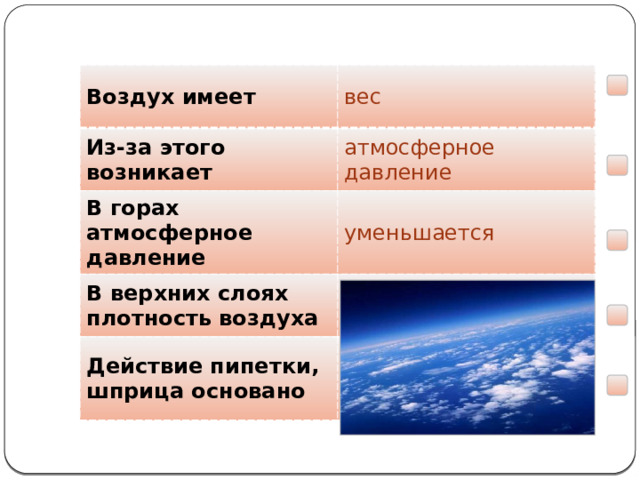  Мы узнали, что … Воздух имеет вес Из-за этого возникает атмосферное давление В горах атмосферное давление уменьшается В верхних слоях плотность воздуха Действие пипетки, шприца основано уменьшается На существовании атмосферного давления  
