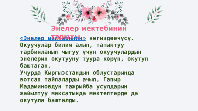 Энелер мектебинин тарыхы «Энелер мектебинин»   негиздөөчүсү. Окуучулар билим алып, татыктуу тарбияланып чыгуу үчүн окуучулардын энелерин окутууну туура көрүп, окутуп баштаган. Учурда Кыргызстандын облустарында вотсап тайпаларды ачып, Гапыр  Мадаминовдун тажрыйба усулдарын жайылтуу максатында мектептерде да окутула башталды.  
