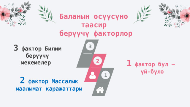 Баланын өсүүсүнө таасир  берүүчү факторлор 3 3 фактор Билим берүүчү мекемелер 2 1 фактор бул – үй-бүлө 1 2 фактор Массалык маалымат каражаттары 
