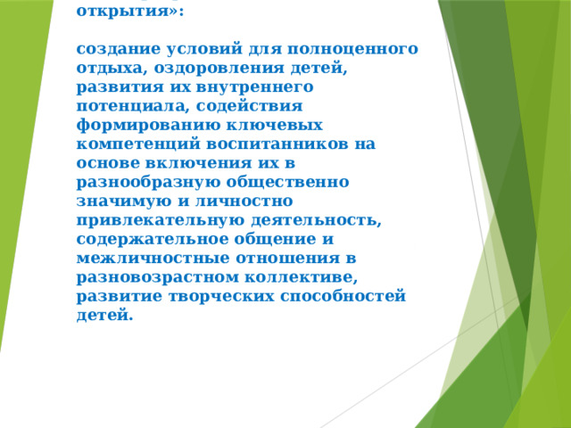 Цель программы «Весёлые открытия»:   создание условий для полноценного отдыха, оздоровления детей, развития их внутреннего потенциала, содействия формированию ключевых компетенций воспитанников на основе включения их в разнообразную общественно значимую и личностно привлекательную деятельность, содержательное общение и межличностные отношения в разновозрастном коллективе, развитие творческих способностей детей. 