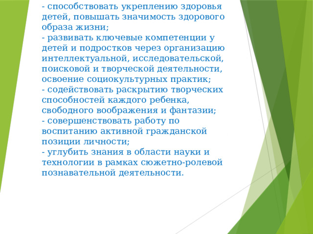    Задачи программы:   - способствовать укреплению здоровья детей, повышать значимость здорового образа жизни;  - развивать ключевые компетенции у детей и подростков через организацию интеллектуальной, исследовательской, поисковой и творческой деятельности, освоение социокультурных практик;  - содействовать раскрытию творческих способностей каждого ребенка, свободного воображения и фантазии;  - совершенствовать работу по воспитанию активной гражданской позиции личности;  - углубить знания в области науки и технологии в рамках сюжетно-ролевой познавательной деятельности.      