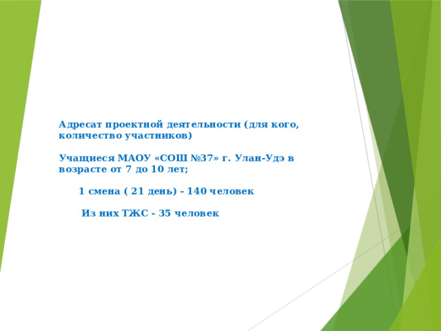 Адресат проектной деятельности (для кого, количество участников)   Учащиеся МАОУ «СОШ №37» г. Улан-Удэ в возрасте от 7 до 10 лет;   1 смена ( 21 день) - 140 человек   Из них ТЖС - 35 человек    