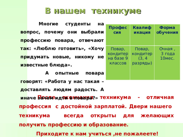 В нашем техникуме  Многие студенты на вопрос, почему они выбрали профессию повара, отвечают так: «Люблю готовить», «Хочу придумать новые, никому не известные блюда».   А опытные повара говорят: «Работа у нас такая – доставлять людям радость. А иначе зачем идти в повара?» Профессия   Квалификация Повар, кондитер на базе 9 классов Форма обучения Повар, кондитер  (3, 4 разряды) Очная ,  3 года 10мес.  После окончания техникума - отличная профессия с достойной зарплатой. Двери нашего техникума всегда открыты для желающих получить профессию и образование.  Приходите к нам учиться ,не пожалеете! 