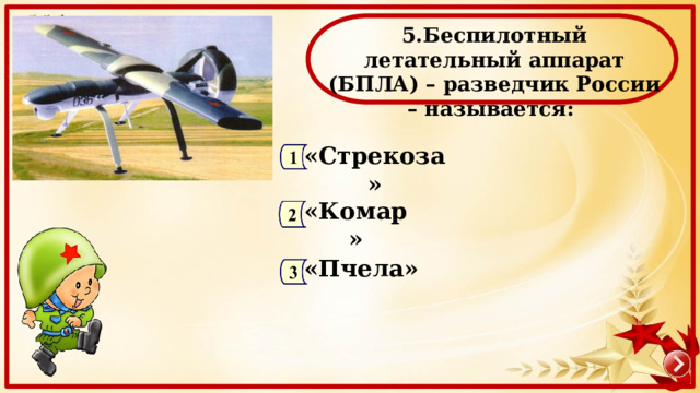 5.Беспилотный летательный аппарат (БПЛА) – разведчик России – называется: «Стрекоза» «Комар» «Пчела» 